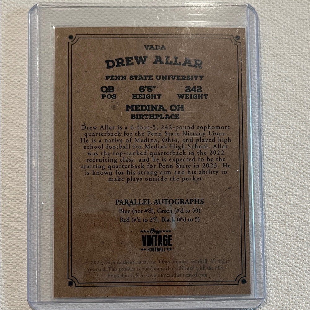 2023 Onyx Drew Allar Football Card with Red Autograph \25 - Picture 2 of 2